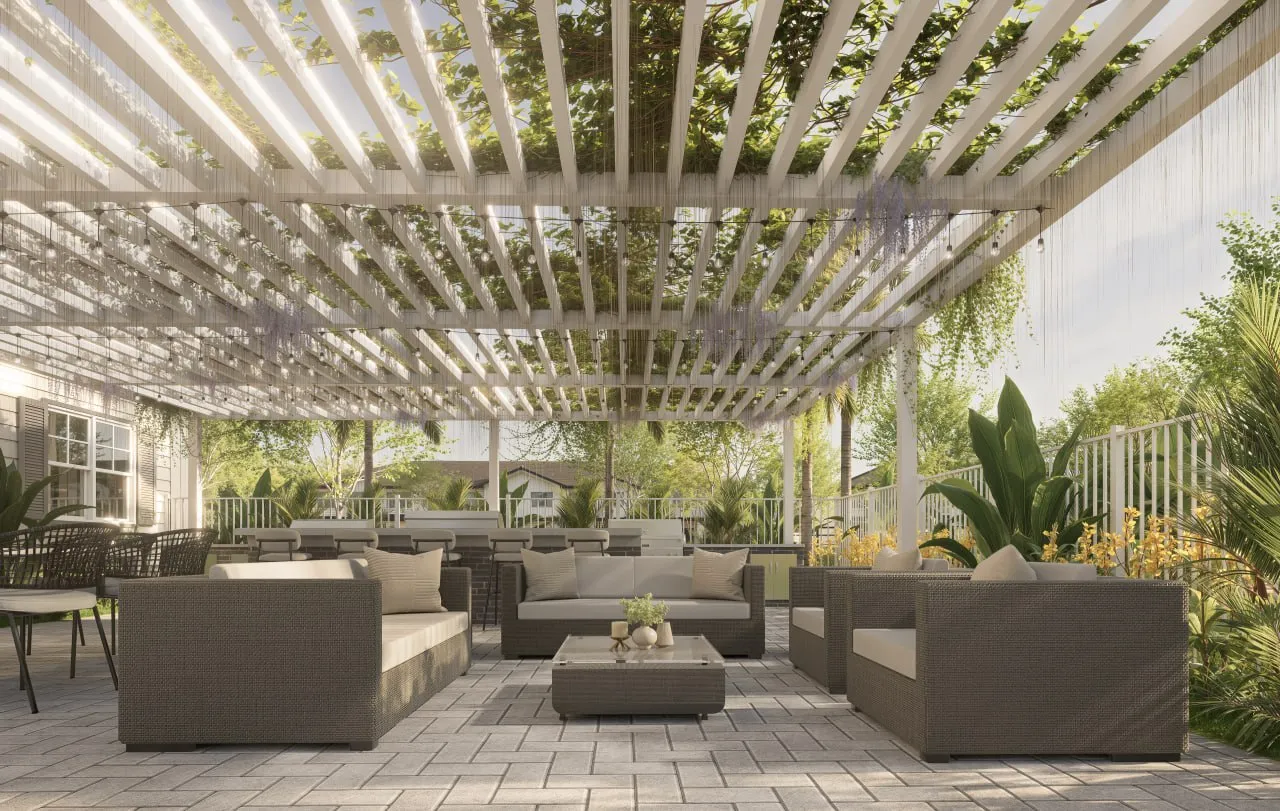Rendering of private outdoor lounge beneath a shaded pergola at Aurora Oaks in Ocala, FL.