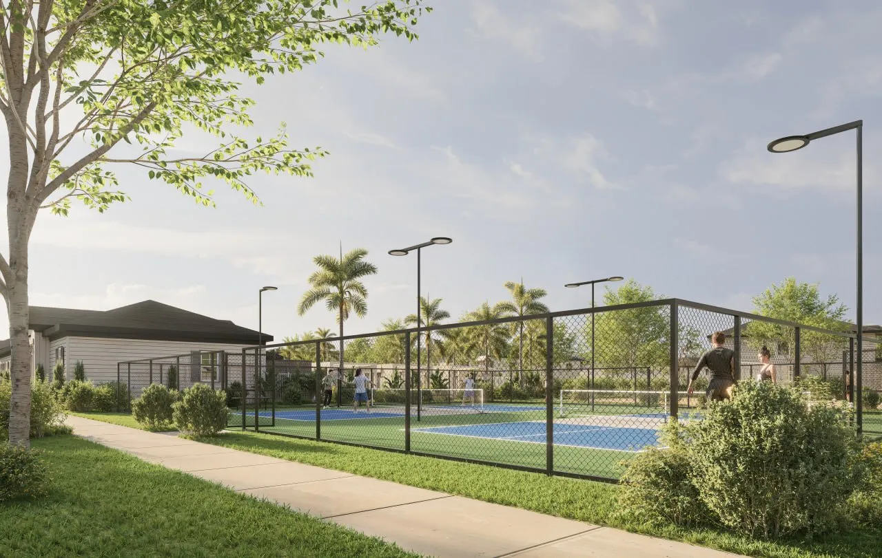 Rendering of fenced pickleball courts at Aurora Oaks in Ocala, FL.