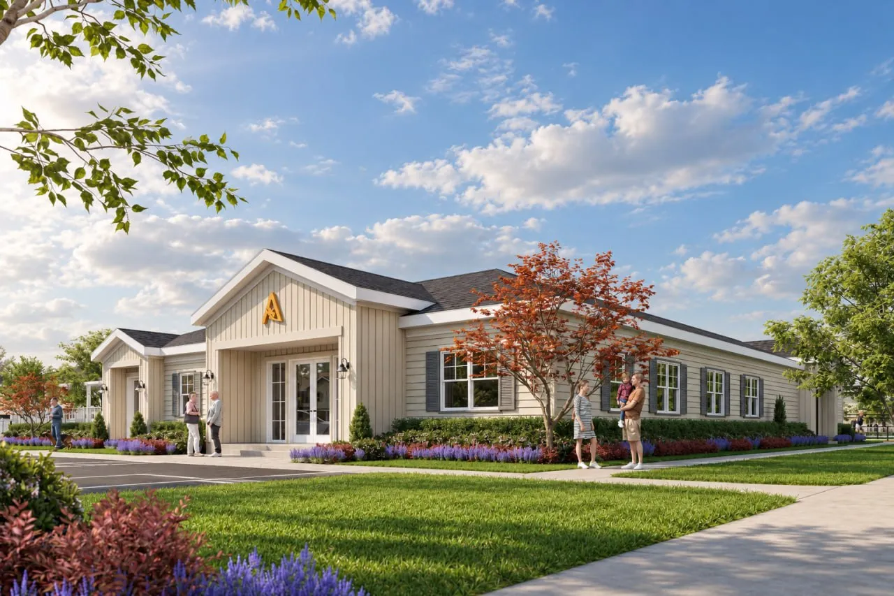 Exterior rendering of the Aurora Oaks clubhouse.