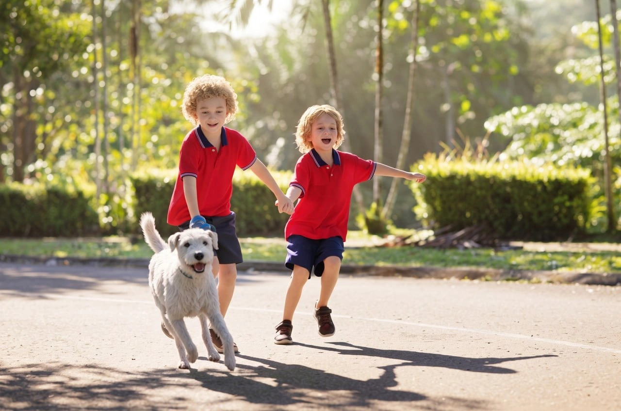 Two children running outdoors with a white dog in a sunlit neighbourhood.