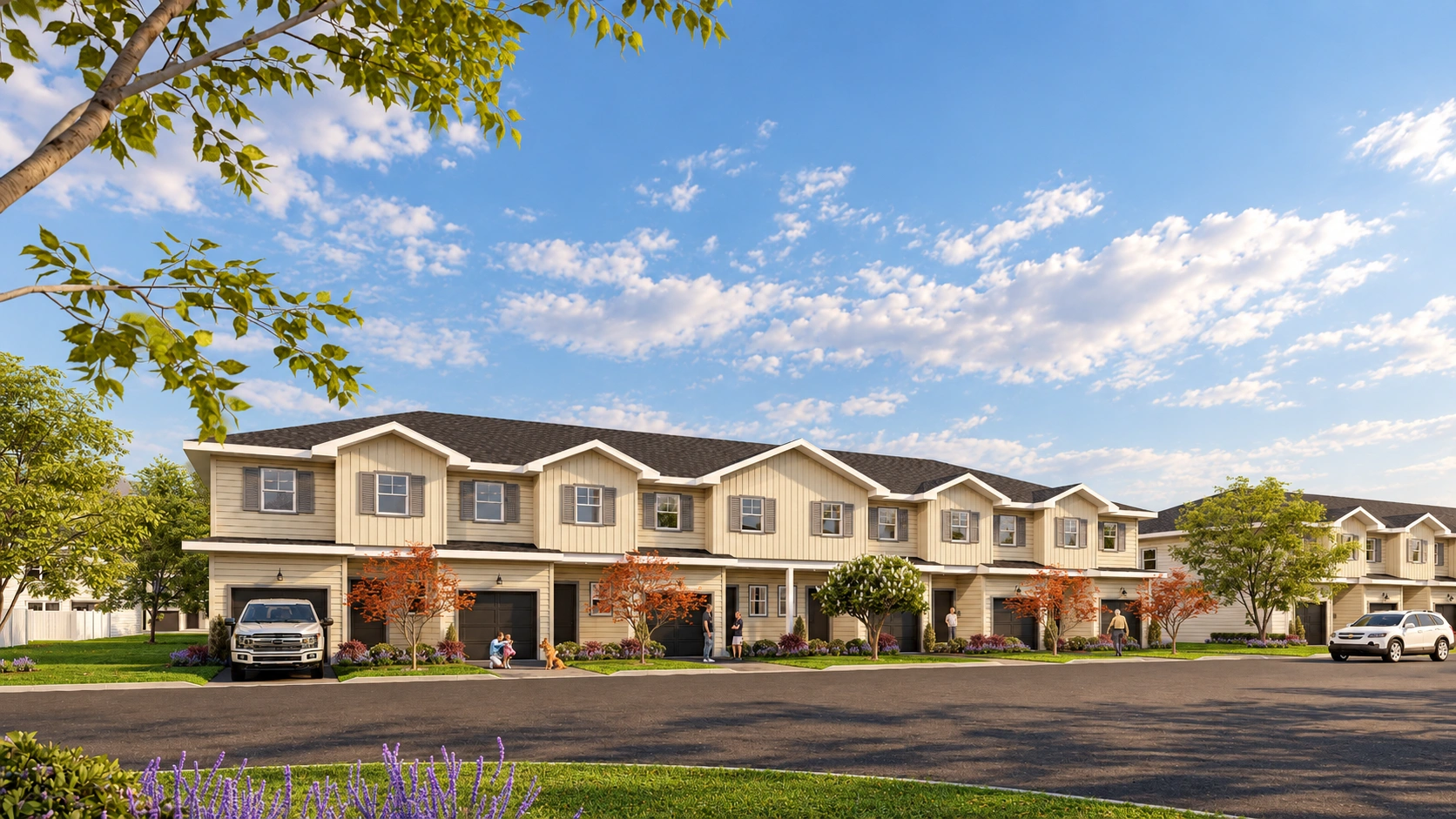 Rendering of six landscaped two-storey Aurora Oaks townhomes with garages in Ocala, FL.