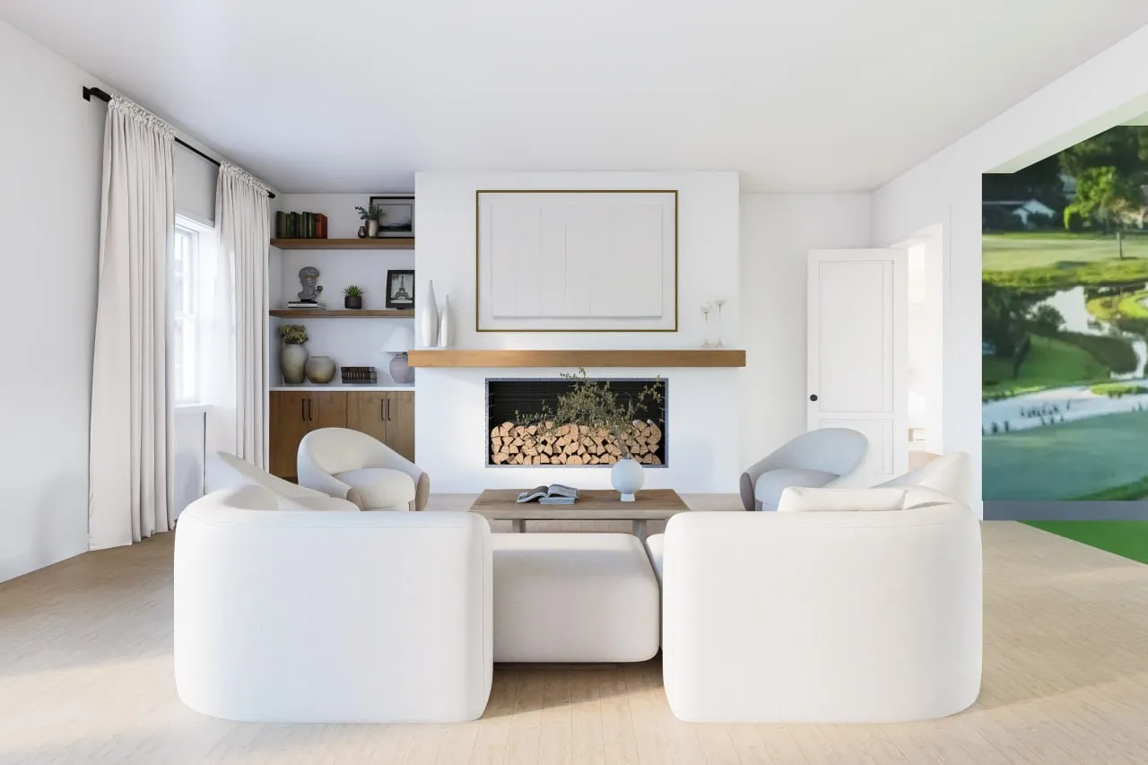 Interior rendering of the Aurora Oaks clubhouse lounge.