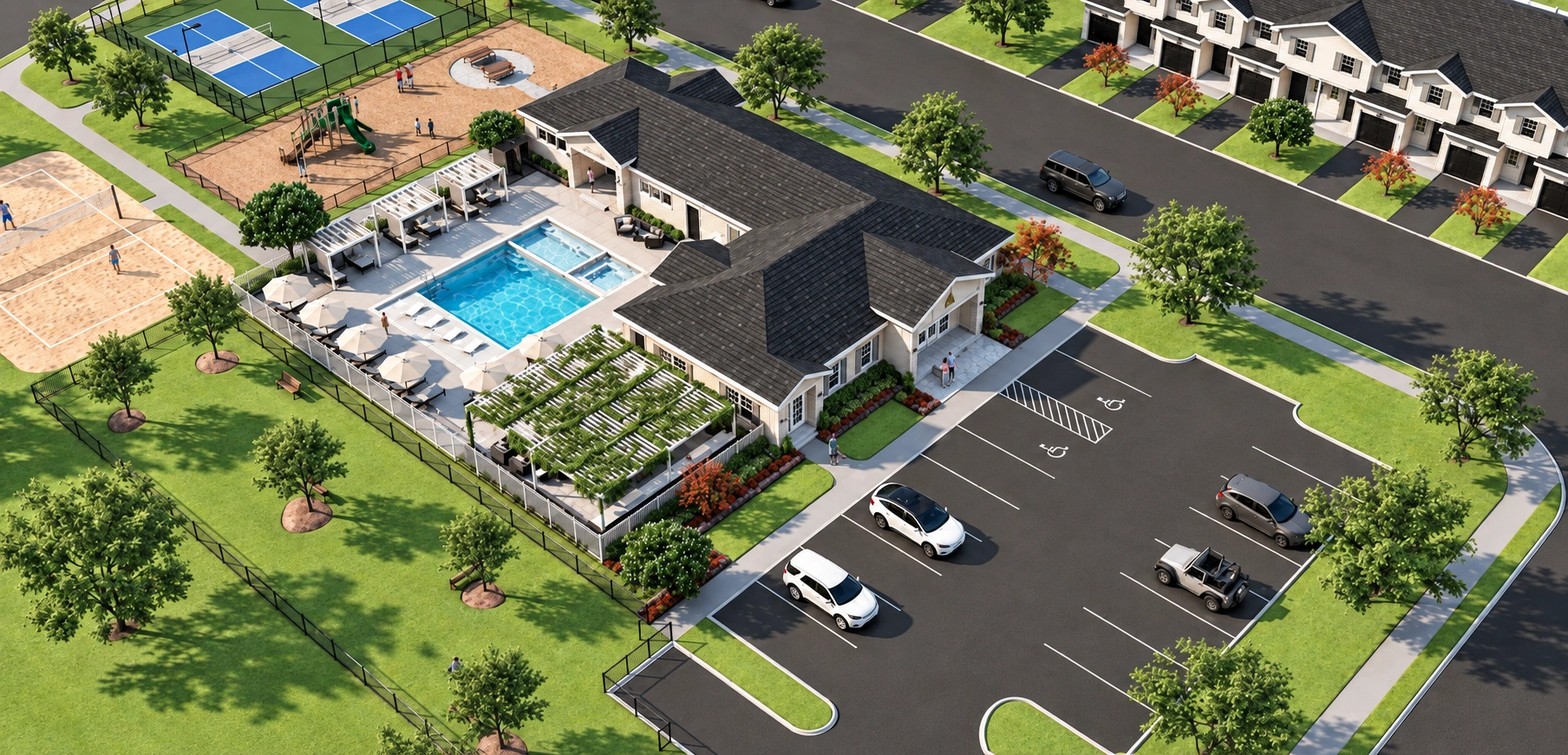 Aerial rendering of the Aurora Oaks clubhouse district, surrounding townhomes and community amenities.