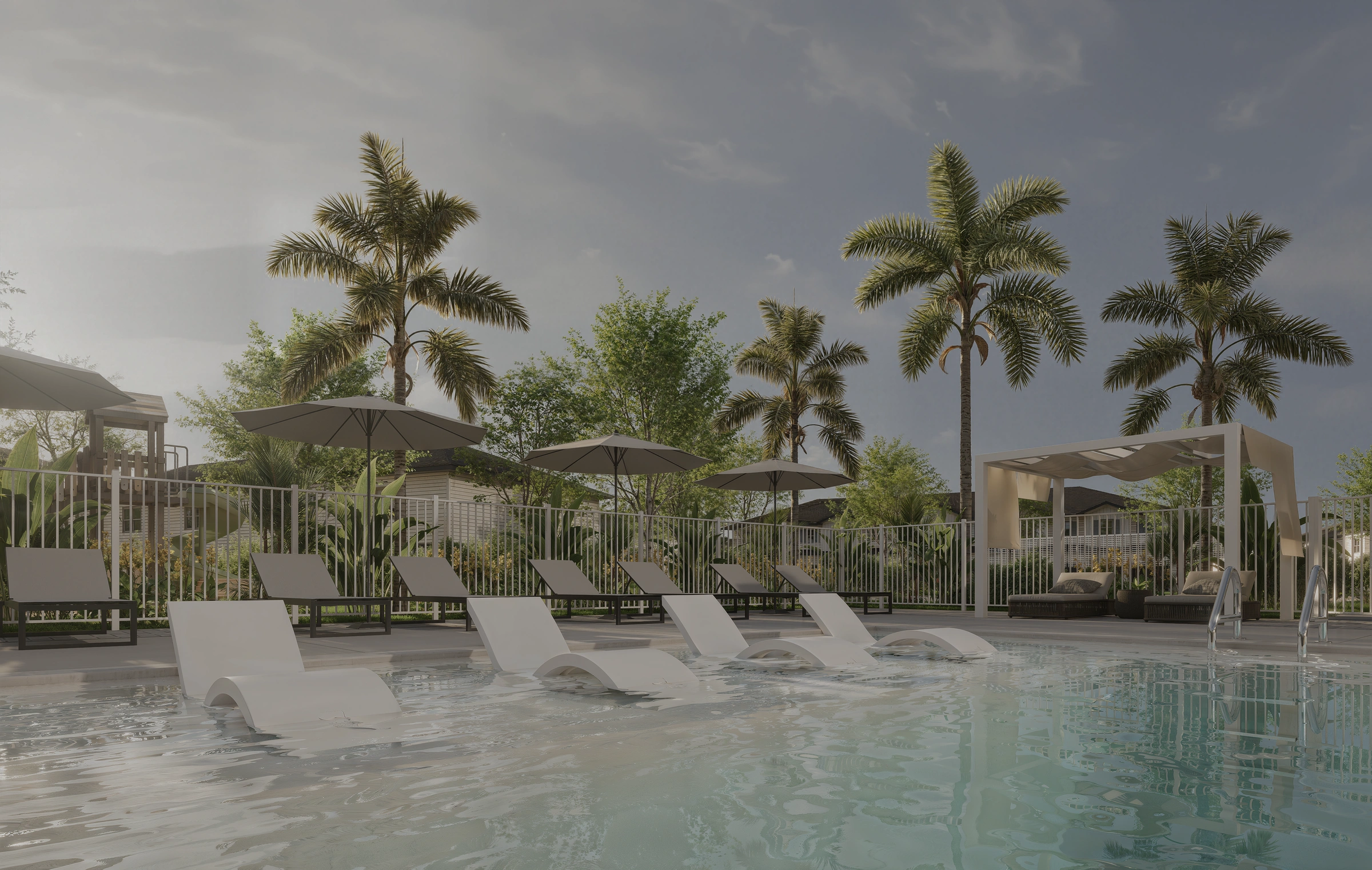 Rendering of palm trees and loungers around the Aurora Oaks swimming pool in Ocala, FL.