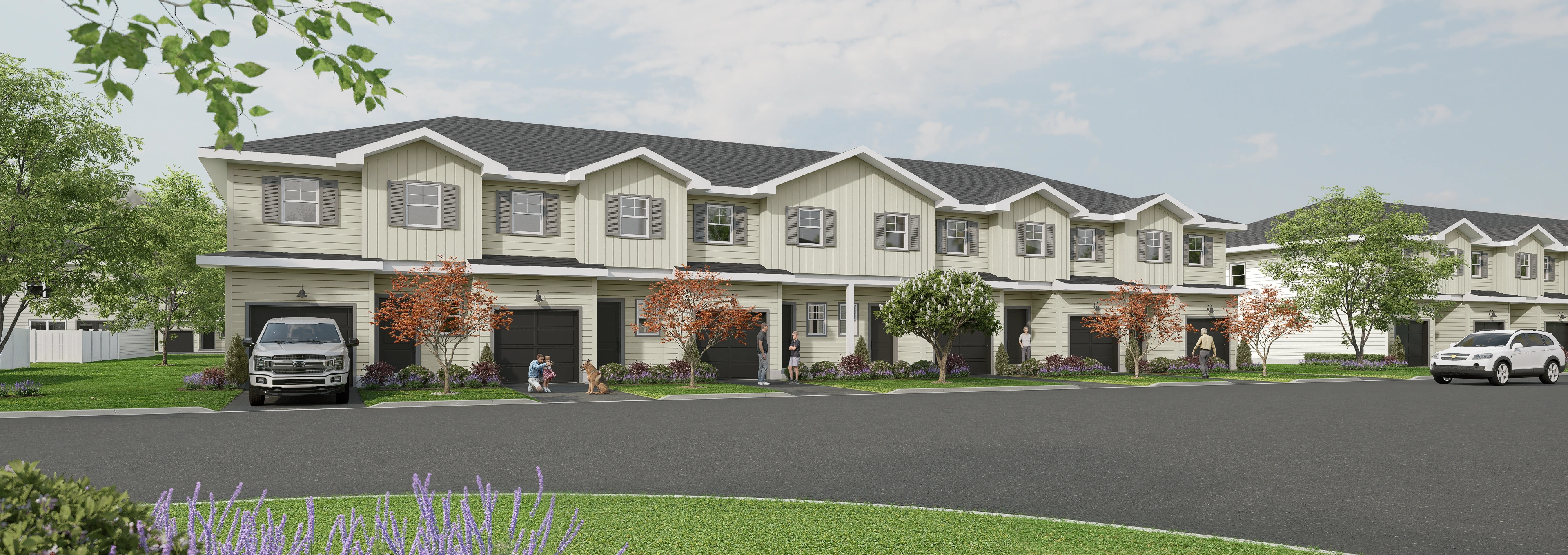 Rendering of landscaped two-storey townhomes at Aurora Oaks in Ocala, FL.