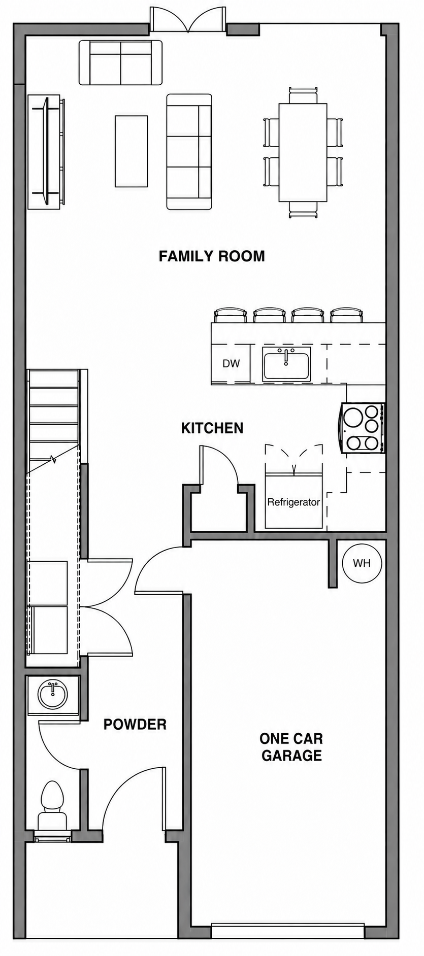 First floor plan of The Canopy at Aurora Oaks, with family room, kitchen, powder room and one-car garage.